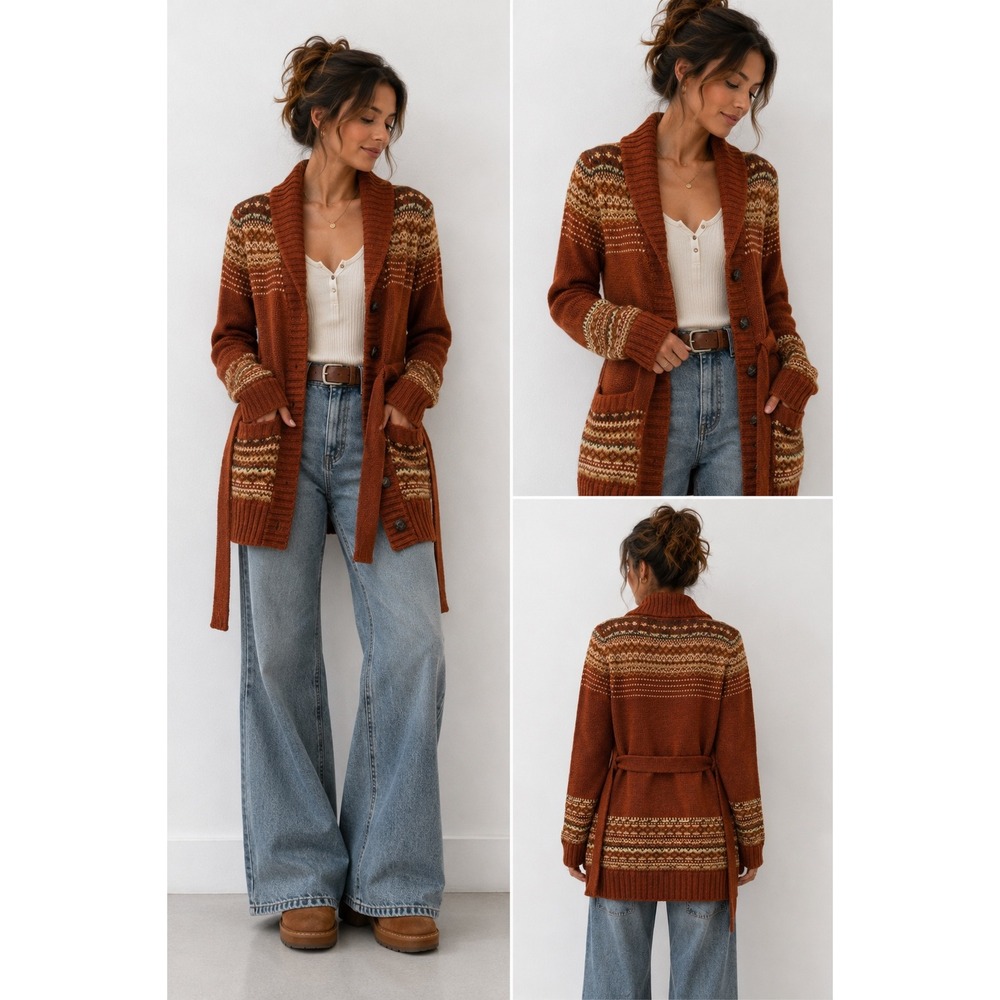 Y2K Cardigan Large Rust Orange Fair Isle Belted Shawl Collar Sweater Western